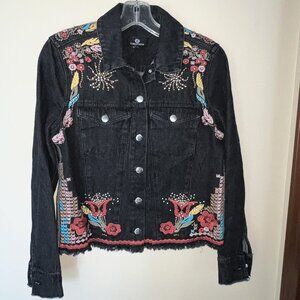 Curations Floral Embroidered Black Denim Jacket Medium, Raw Hem 100% Cotton